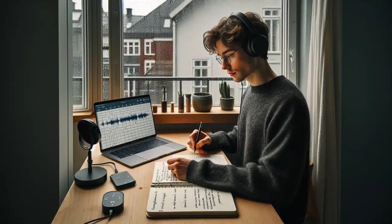 Norwegian student practicing language with headphones notes and flashcards by a rainy window