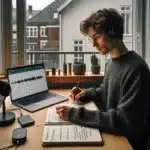 Norwegian student practicing language with headphones notes and flashcards by a rainy window