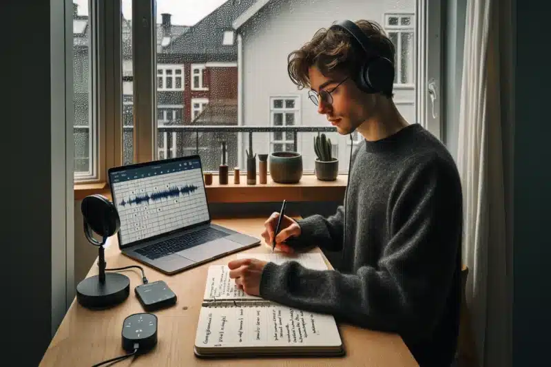 Norwegian student practicing language with headphones notes and flashcards by a rainy window