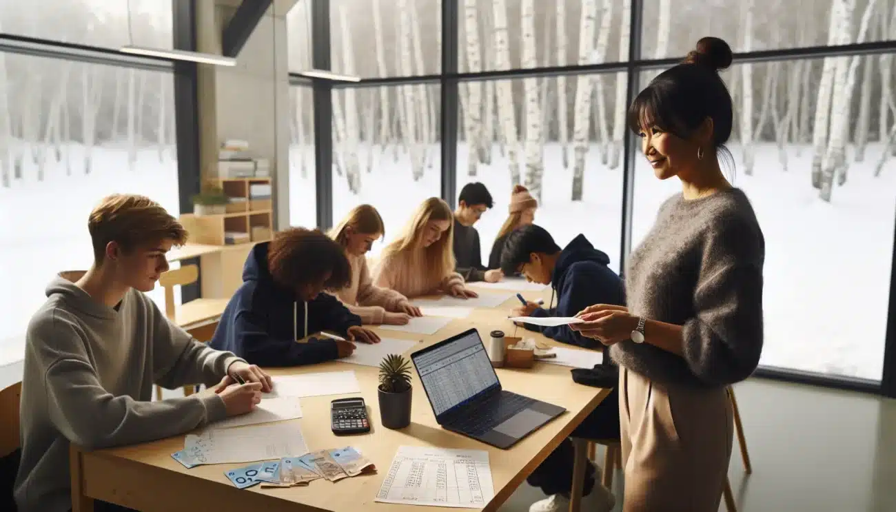 Norwegian teacher guides teens through budgeting with receipts and payslip