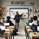 Teacher explains phishing and passwords to norwegian students in a bright classroom