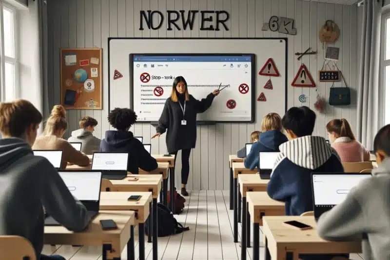 Teacher explains phishing and passwords to norwegian students in a bright classroom