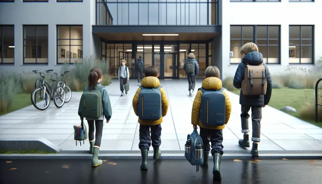 Norwegian children of different ages walking to school with ergonomic backpacks