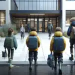 Norwegian children of different ages walking to school with ergonomic backpacks