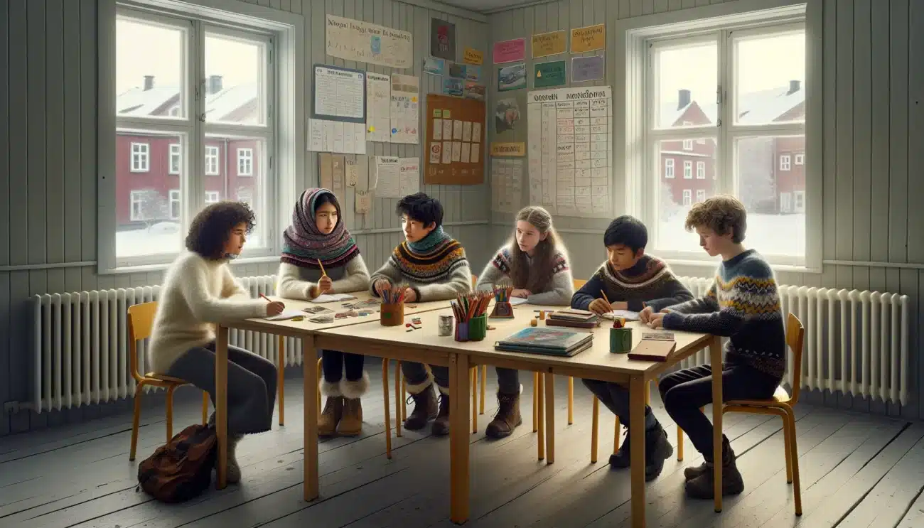Norwegian classroom with diverse students and teacher collaborating in an inclusive group discussion