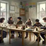 Norwegian classroom with diverse students and teacher collaborating in an inclusive group discussion