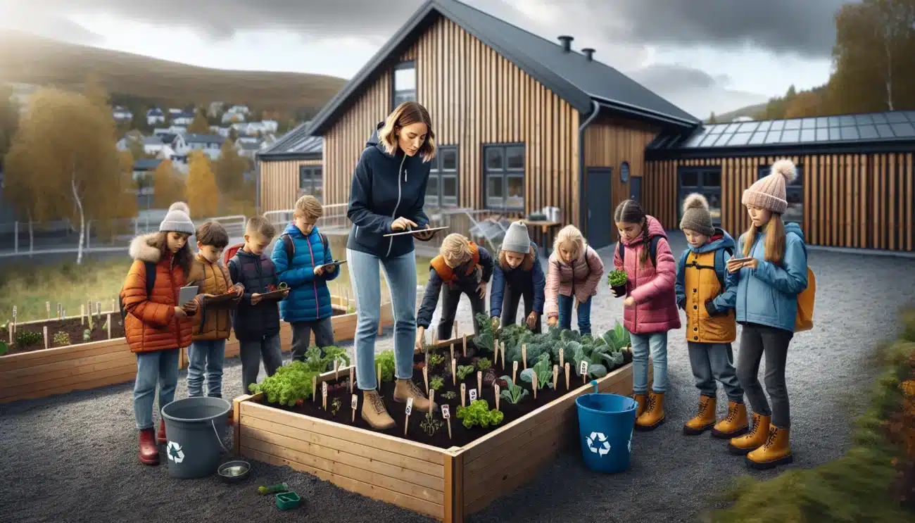 Norwegian primary school children and teacher gardening and sorting waste outside school