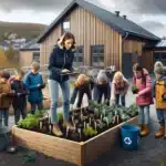 Norwegian primary school children and teacher gardening and sorting waste outside school