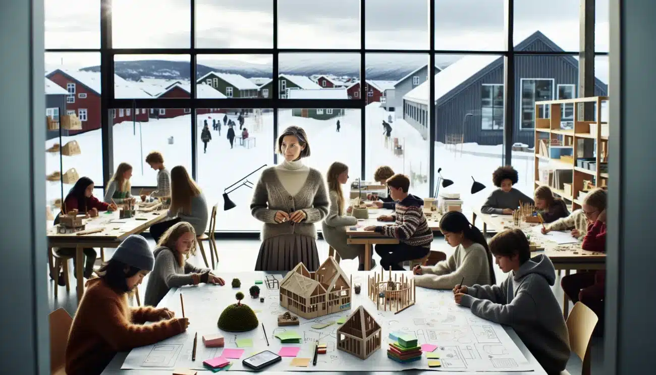 Norwegian students and teacher collaborating on creative hands on projects in a modern classroom