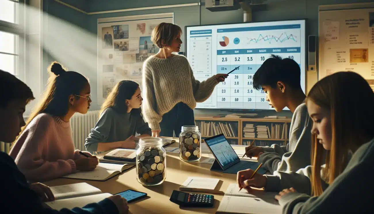 Norwegian teacher guides teenagers through digital budgeting and savings in a classroom