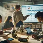 Norwegian teacher guides teenagers through digital budgeting and savings in a classroom