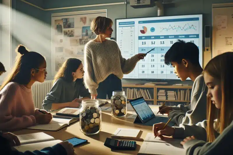 Norwegian teacher guides teenagers through digital budgeting and savings in a classroom