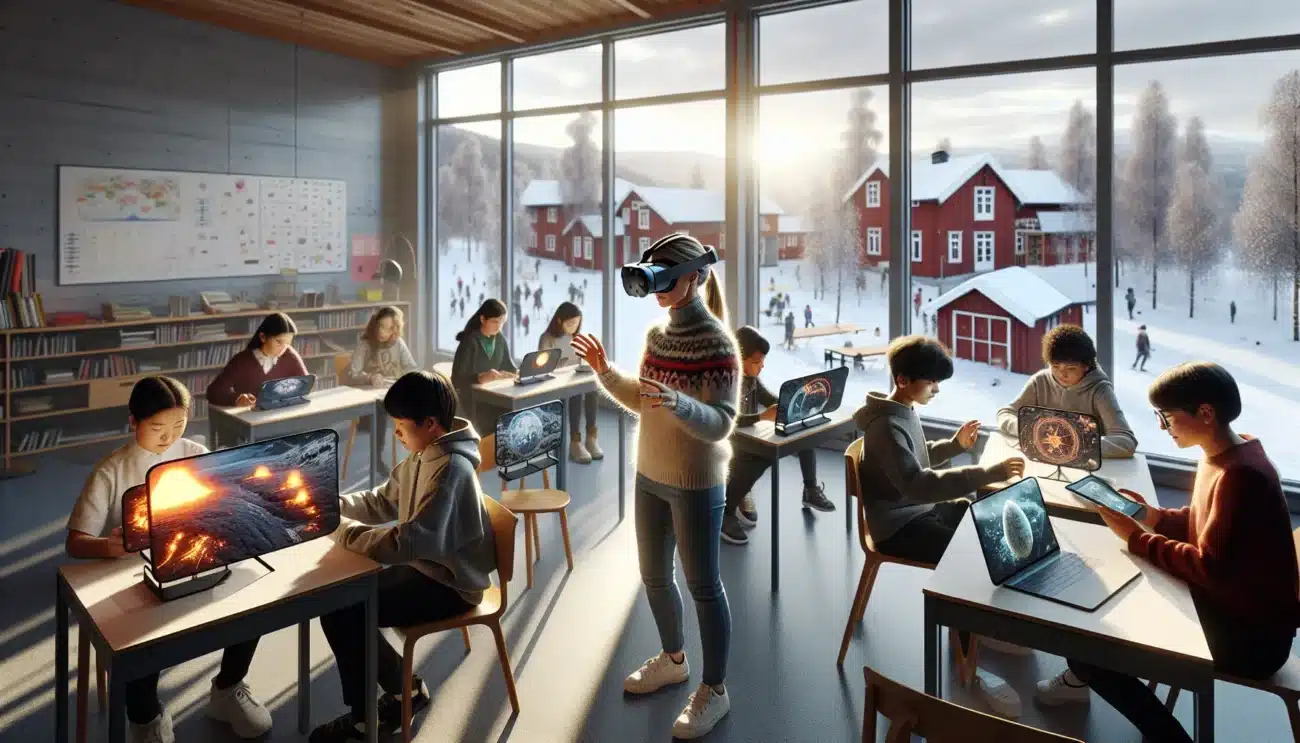 Norwegian teacher guiding students using vr headsets and ar tablets in class