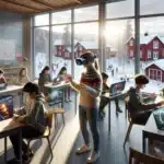 Norwegian teacher guiding students using vr headsets and ar tablets in class