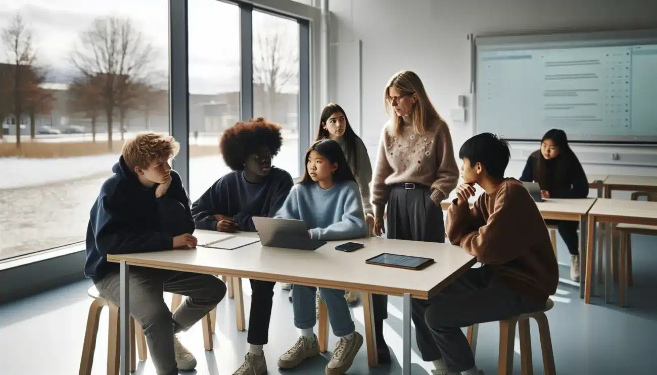 Norwegian teacher guiding teens using laptops and phones in a digital citizenship lesson