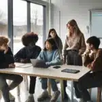 Norwegian teacher guiding teens using laptops and phones in a digital citizenship lesson