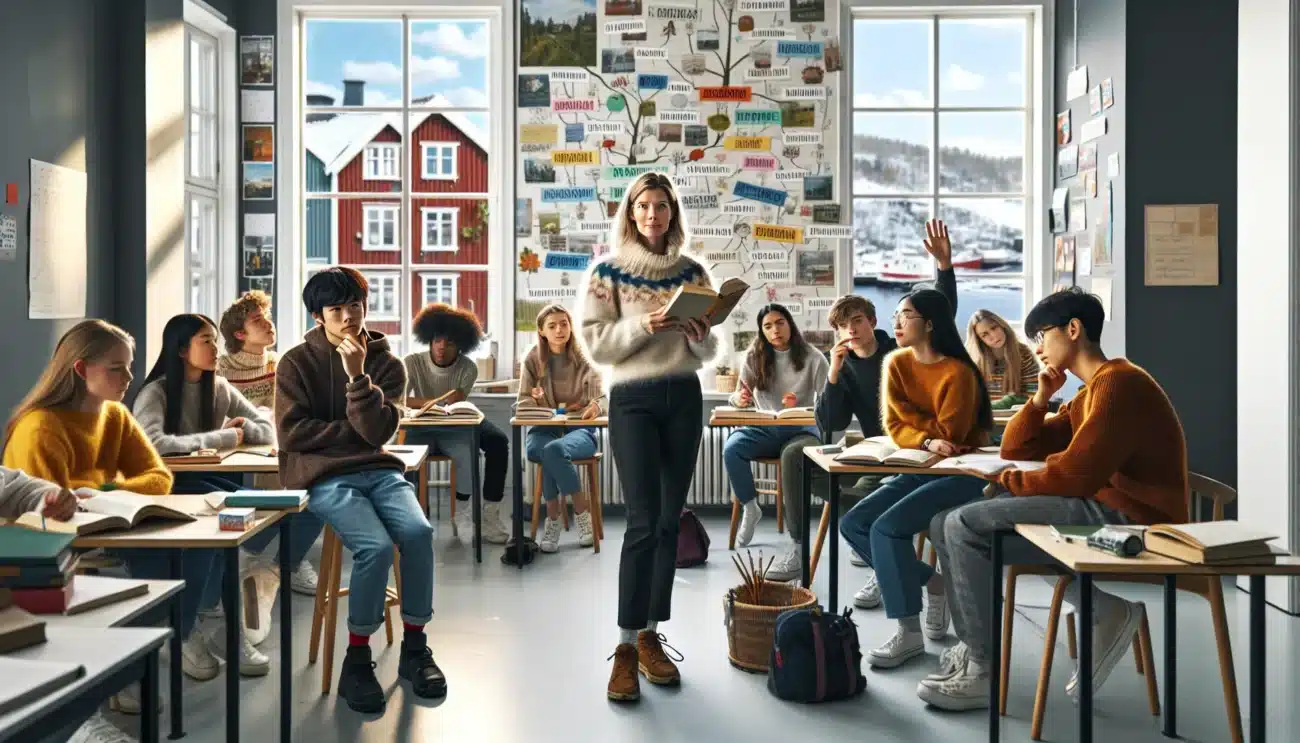Norwegian teacher leading a critical discussion about a novel with engaged students