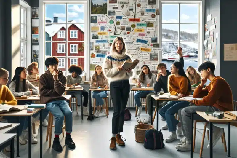 Norwegian teacher leading a critical discussion about a novel with engaged students