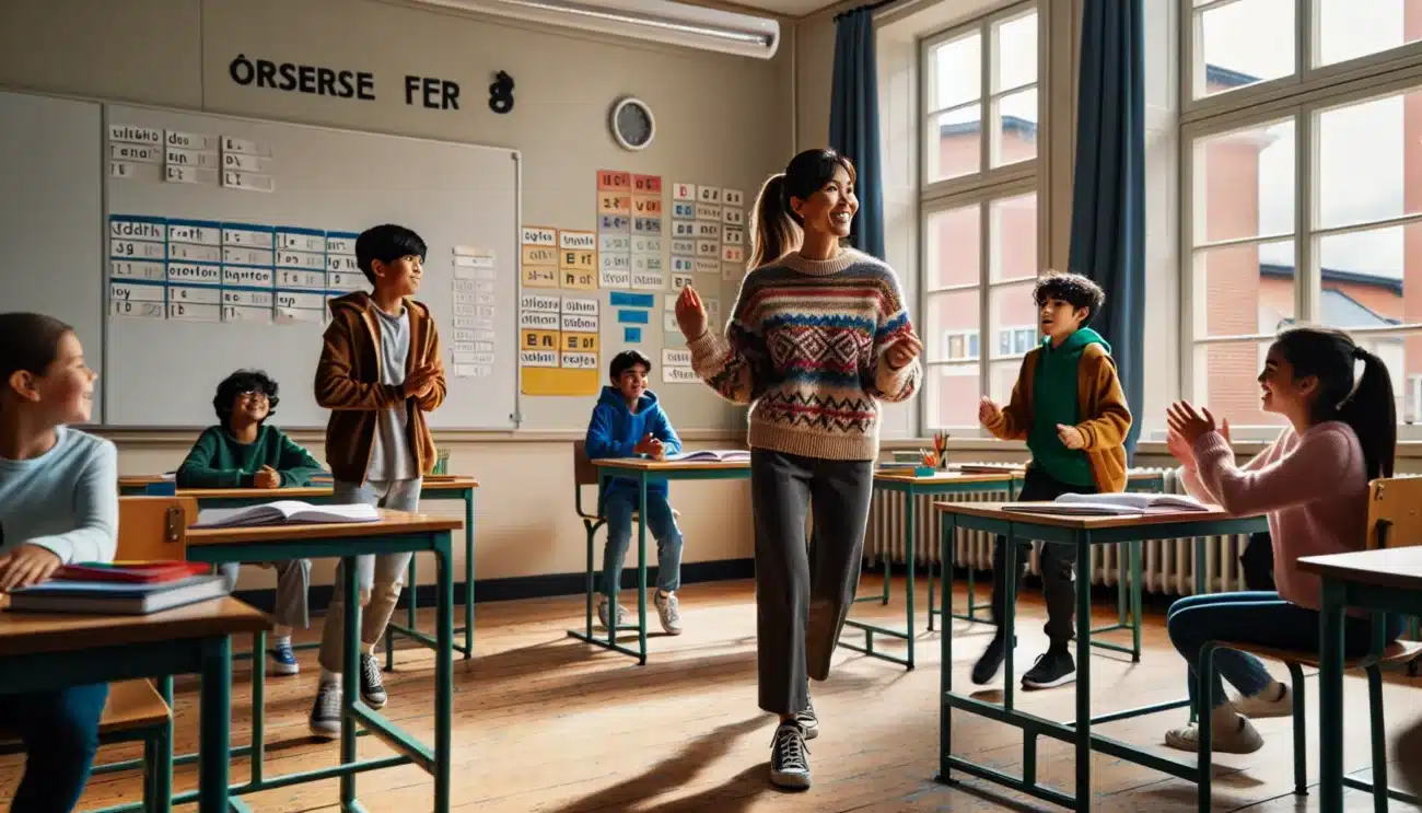 Norwegian teacher leading active learning as pupils move and work in a classroom