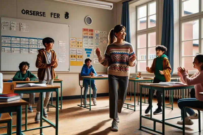 Norwegian teacher leading active learning as pupils move and work in a classroom